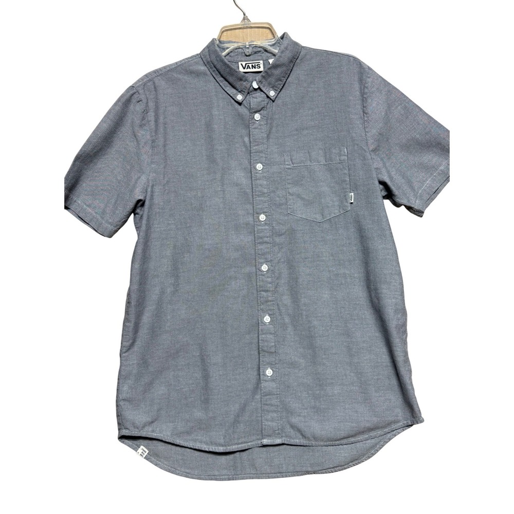 Vans Mens Gray Herringbone Short Sleeve Button Down Shirt Size Medium Pocket